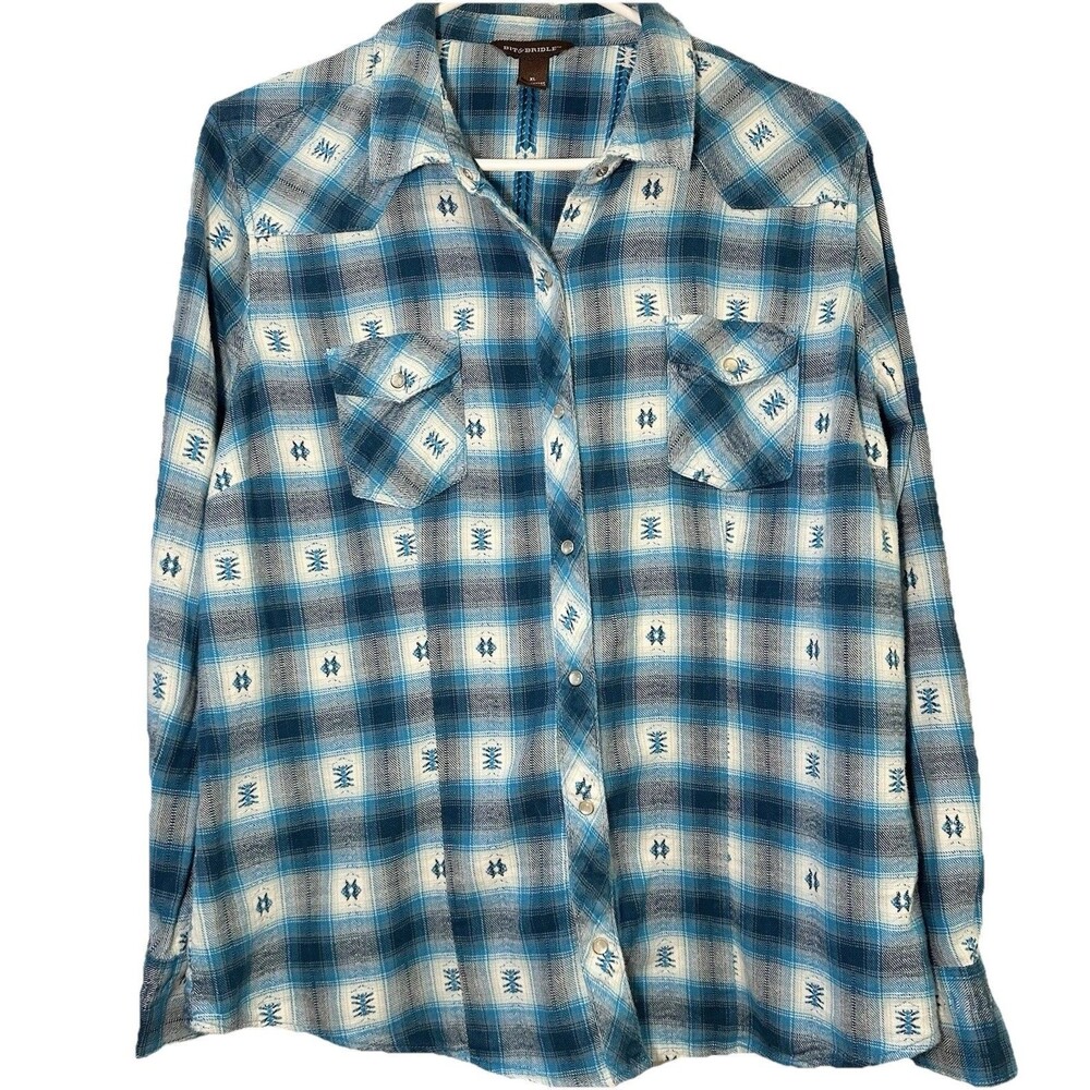 Bit & Bridle Western Snap Shirt Blue Plaid Embroidered Cowgirl Medium Rodeo